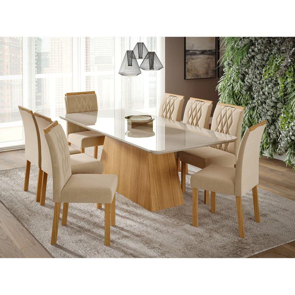 Conjunto para Sala de Jantar Mesa 210cm 8 Cadeiras Juliana Cimol Marrom/Off White/Madeira/Nude