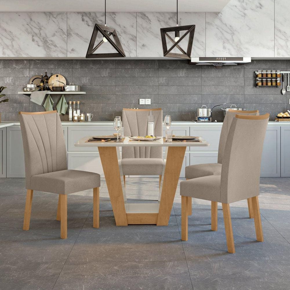 Conjunto Sala de Jantar Mesa 120x80cm Tampo MDF 4 Cadeiras Apogeu Móveis Lopas Amêndoa Clean/Off White/Marromle Creme