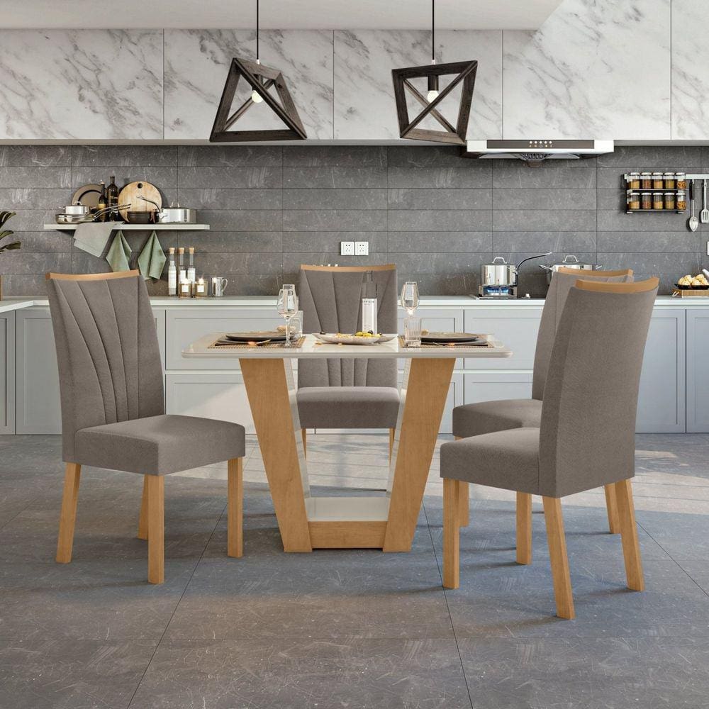 Conjunto Sala de Jantar Mesa 120x80cm Tampo Vidro/MDF com 4 Cadeiras Apogeu Móveis Lopas Amêndoa Clean/Off White/Animale Bege