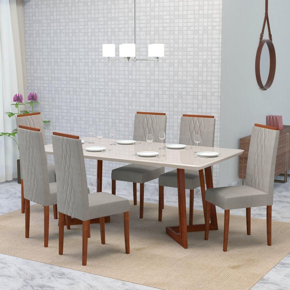 Conjunto Sala de Jantar 6 Lugares Madeira Eucalipto Ametista Móveis Meneghetti Caramelo/Bege Claro