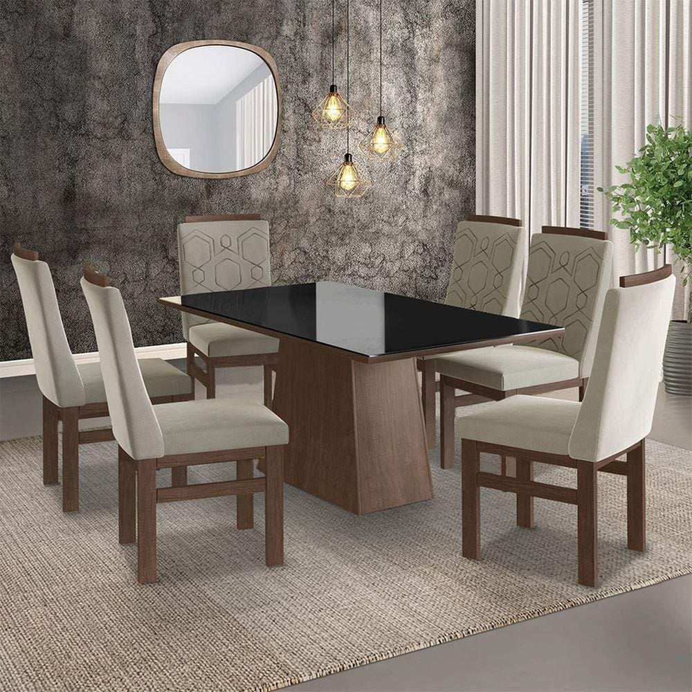 Conjunto Sala de Jantar Mesa 90x160cm Tampo Vidro com 6 Cadeiras Madeira Maciça Tecido Joli Zamarchi Marrom/Preto