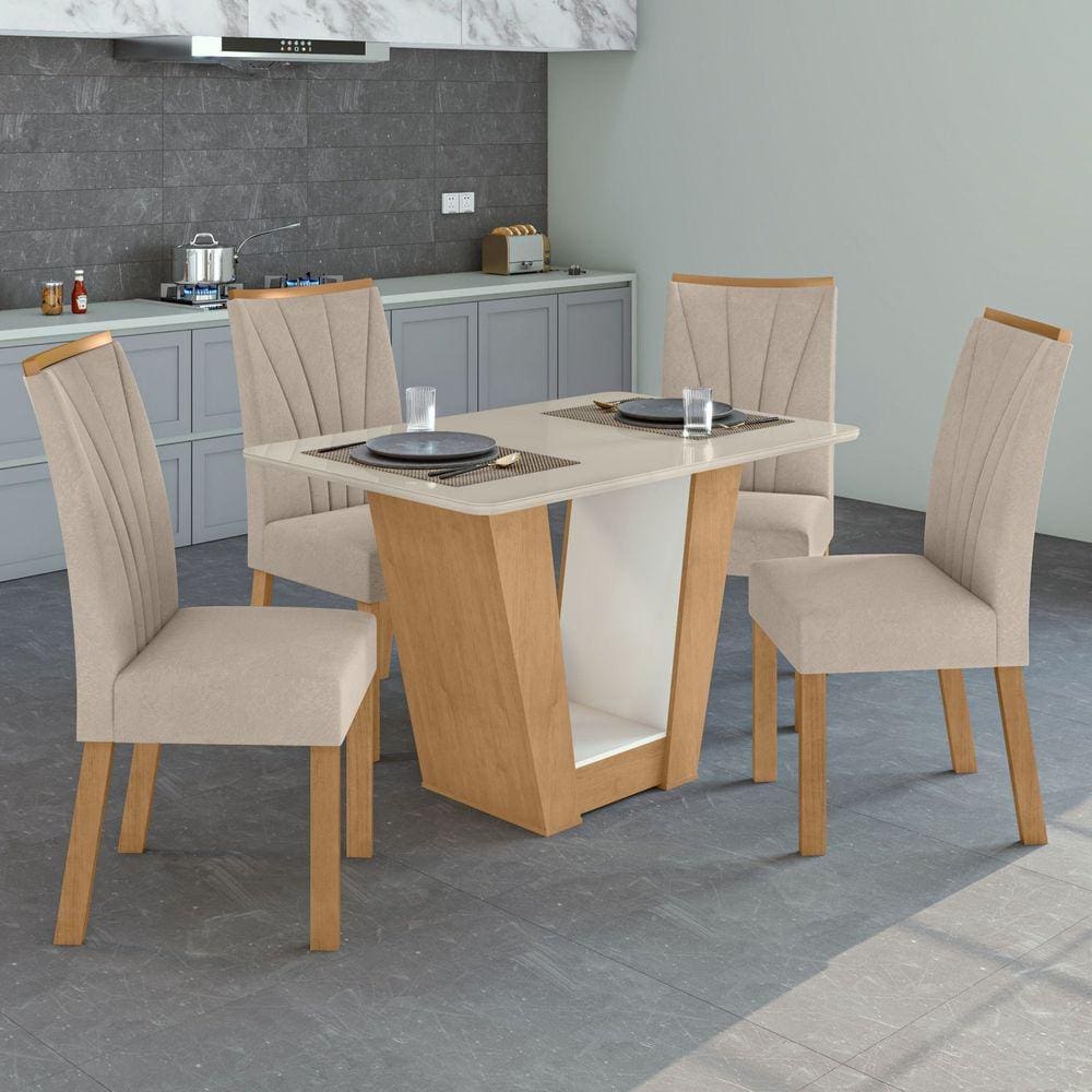 Conjunto Sala de Jantar Mesa 120x80cm Tampo Vidro/MDF com 4 Cadeiras Apogeu Móveis Lopas Amêndoa Clean/Off White/Marromle Creme