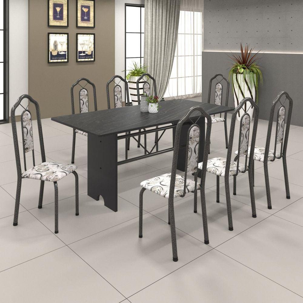 Conjunto de Mesa 180x75cm Tampo Ardósia com 8 Cadeiras Bianca Soma Móveis Martelado Prata/Ardósia Indiano/Arabesco
