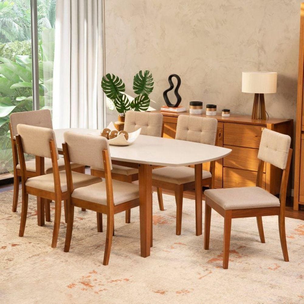 Conjunto Mesa de Jantar e 6 Cadeiras Tiê CabeCasa MadeiraMadeira Amêndoa/Off White/Bege