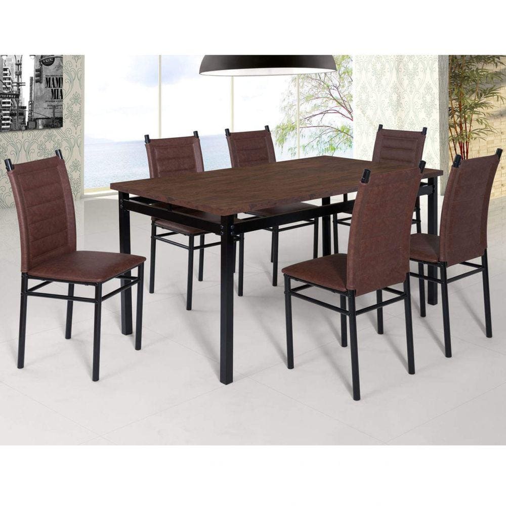 Conjunto Sala de Jantar Tokio Mesa Riviera 6 Cadeiras Art Panta Preto/Castanho Rust