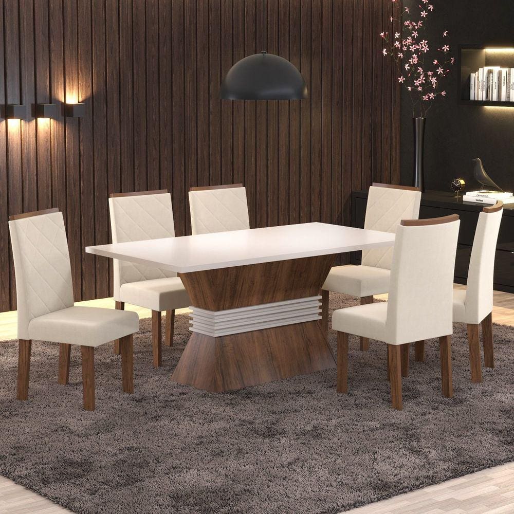 Conjunto Sala de Jantar Mesa Split 160x80cm Tampo MDP com 6 Cadeiras Iza Viero Pinho/Blonde/Bege