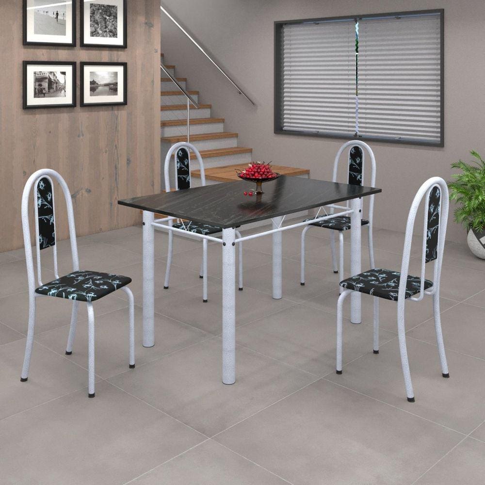 Conjunto de Mesa 120x75cm Tampo em Ardósia com 4 Cadeiras Iris A Soma Móveis Preto Floral/Martelado Pérola/Ardósia Indiano