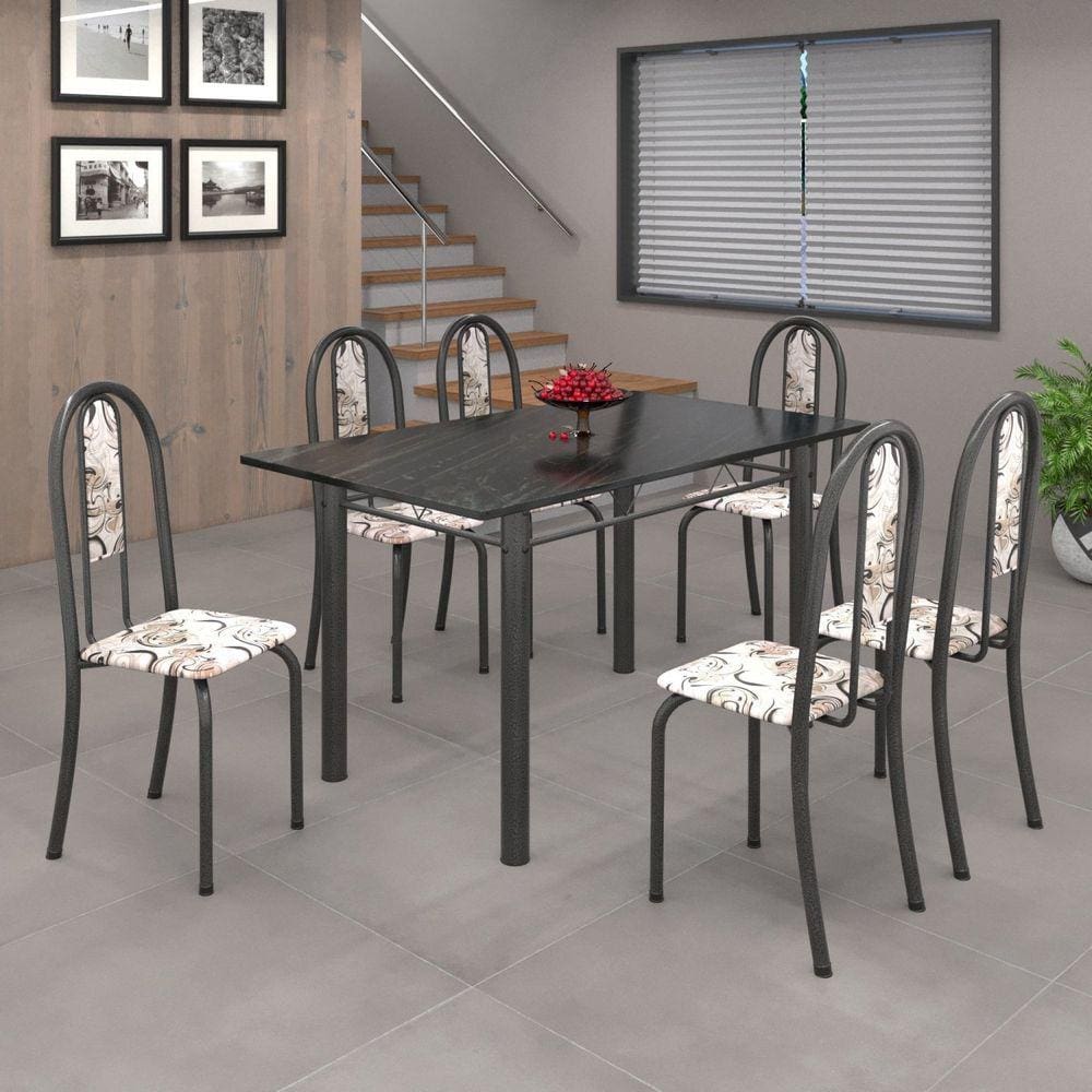 Conjunto de Mesa 140x75cm Tampo de Ardósia com 6 Cadeiras Iris A Soma Móveis Arabesco/Martelado Prata/Ardósia