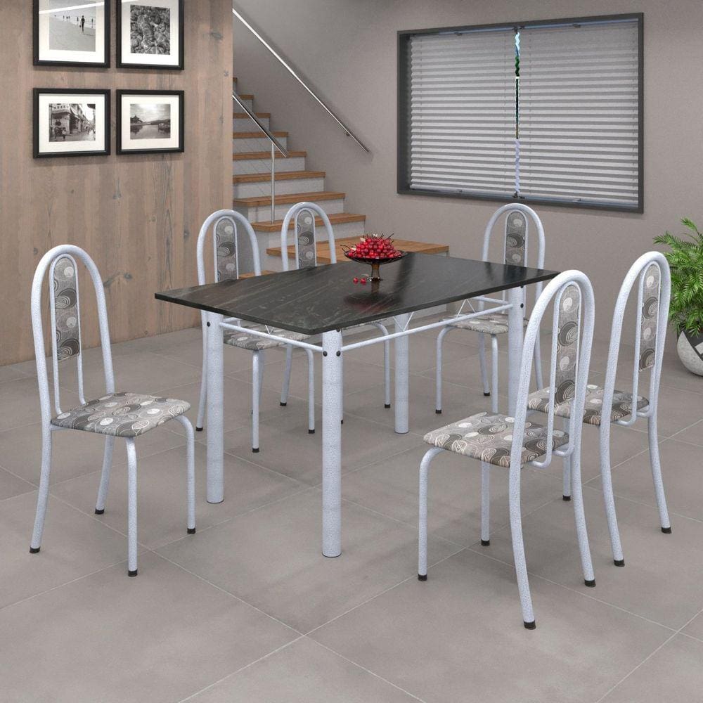 Conjunto de Mesa 140x75cm Tampo de Ardósia com 6 Cadeiras Iris A Soma Móveis Paraopeba/Martelado Pérola/Ardósia