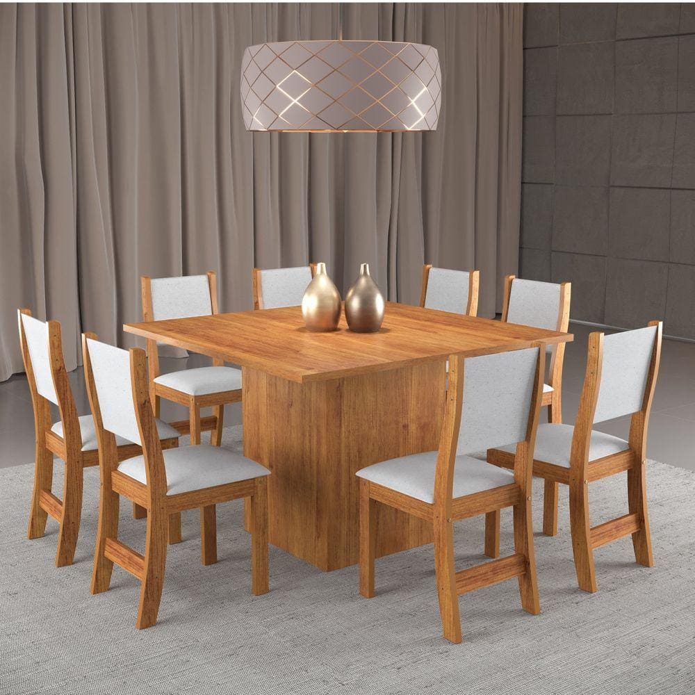Conjunto Sala de Jantar Mesa e 8 Cadeiras Acord e Sol Viero Mel/Linho Gelo