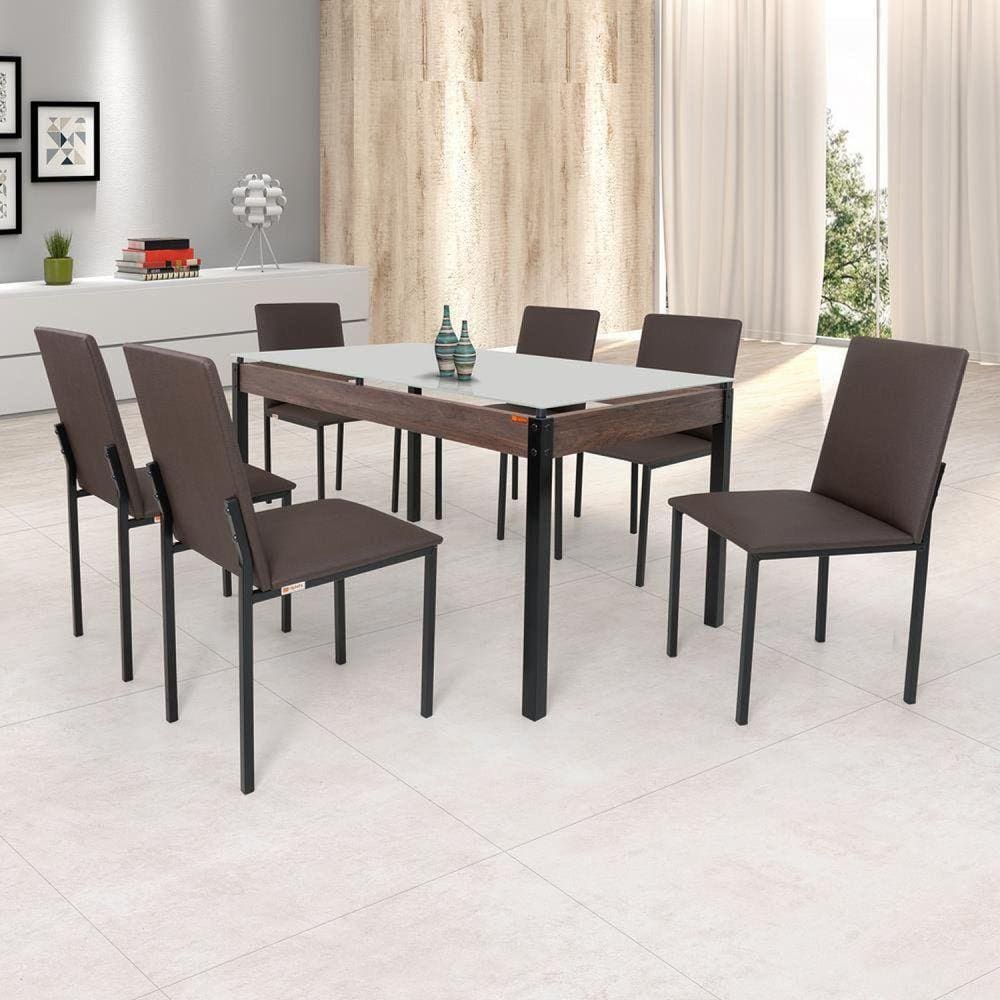 Conjunto Sala de Jantar Mesa 140x80cm Tampo Vidro com 6 Cadeiras Dubai Ciplafe Preto Fosco/Linho Marrom