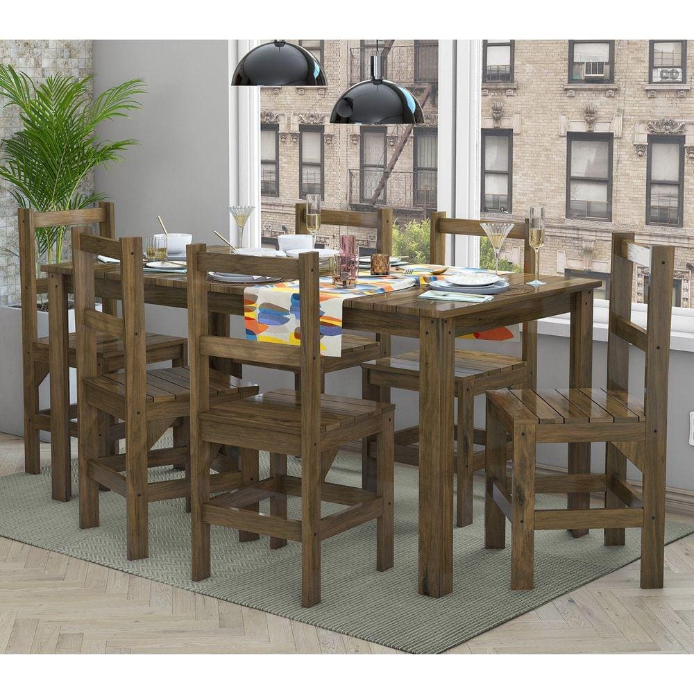 Conjunto Mesa com 6 Cadeiras Madeira Maciça Castanho
