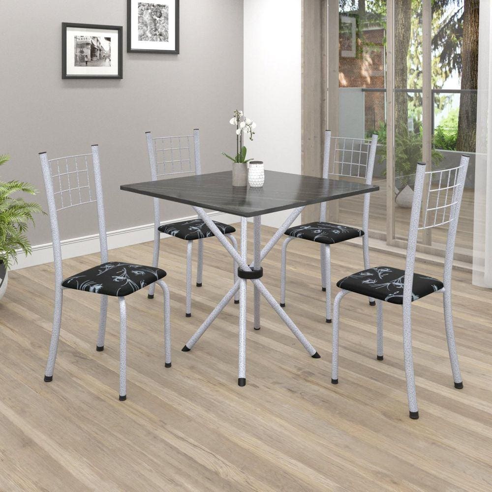Conjunto de Mesa Tubular 70x70cm Tampo em Ardósia com 4 Cadeiras Dany Soma Móveis Preto Floral/Martelado Perola/Indiano