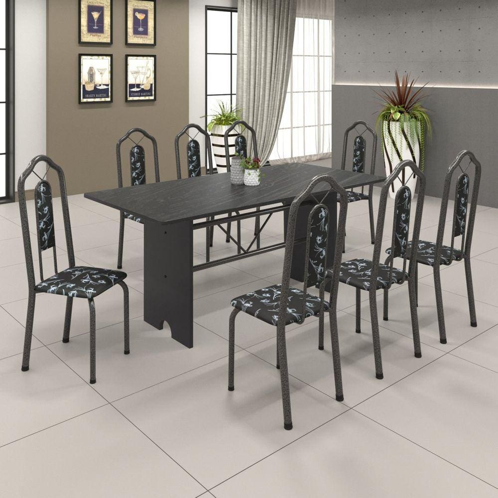 Conjunto de Mesa 180x75cm Tampo Ardósia com 8 Cadeiras Bianca Soma Móveis Martelado Prata/Ardósia Indiano/Preto Floral