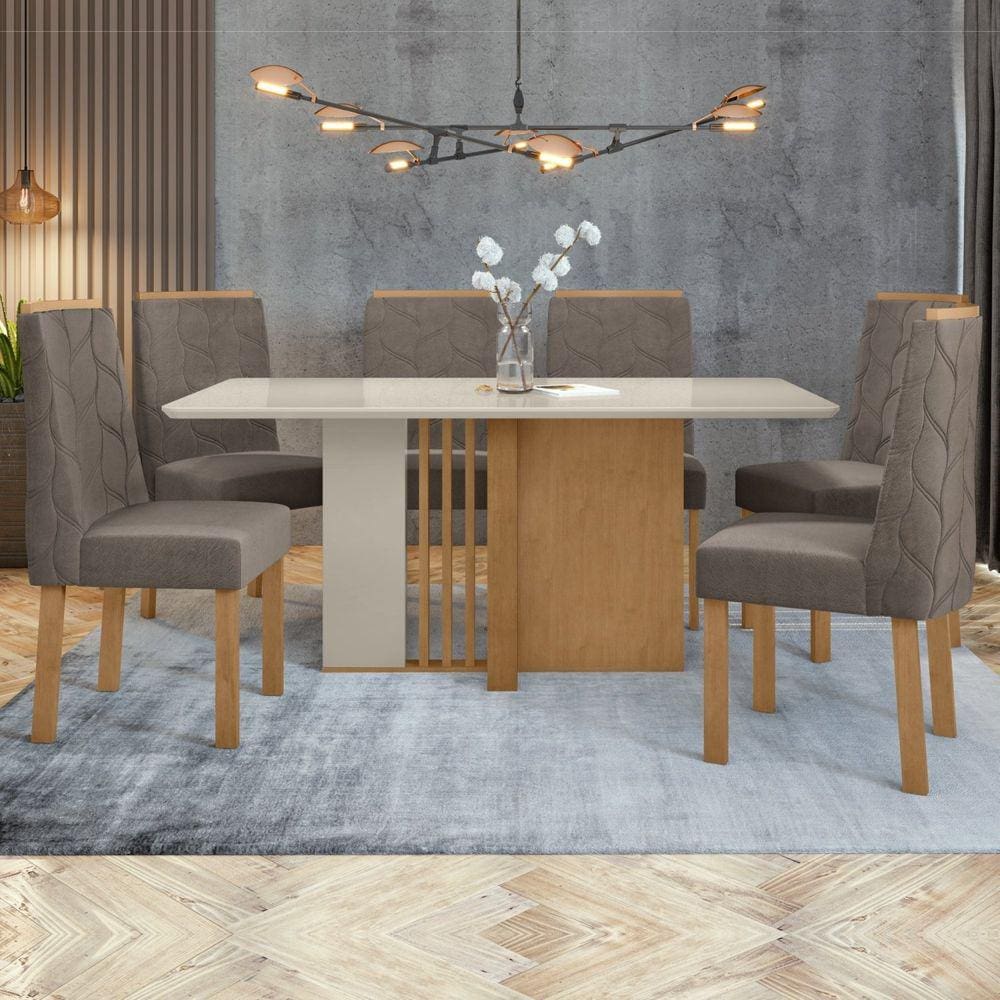 Conjunto Sala de Jantar Mesa 160x90cm Tampo MDF com 6 Cadeiras Astrid Móveis Lopas Amêndoa Clean/Off White/Animale Bege