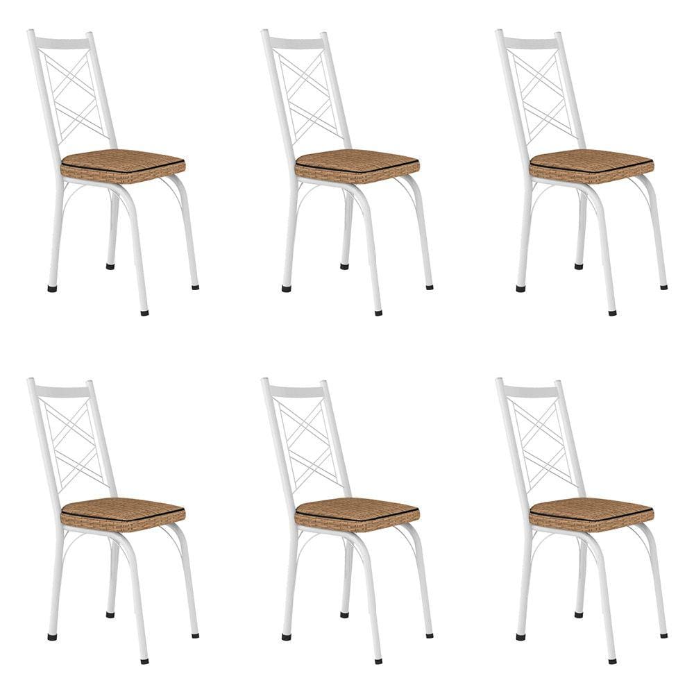 Kit 6 Cadeiras de Cozinha Delaware Estampado Rattan Bege Pés de Ferro Branco - Pallazio