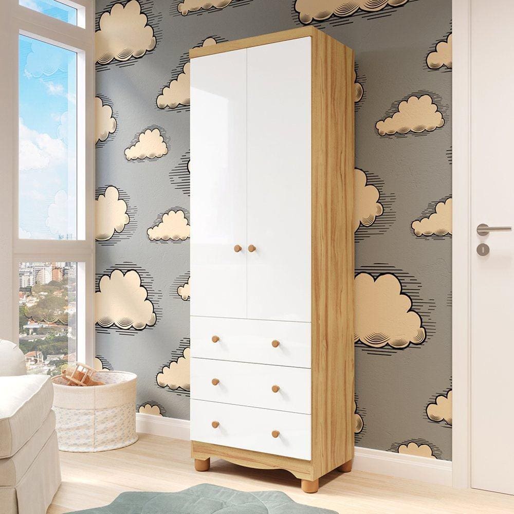 Guarda Roupa de Bebê 2 Portas e 3 Gavetas 100% Mdf Mimo Espresso Móveis Branco Brilho/Amêndoa