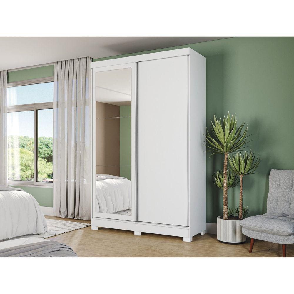 Guarda-roupa 2 Portas de Correr 2 Gavetas com Pés e Espelho Branco