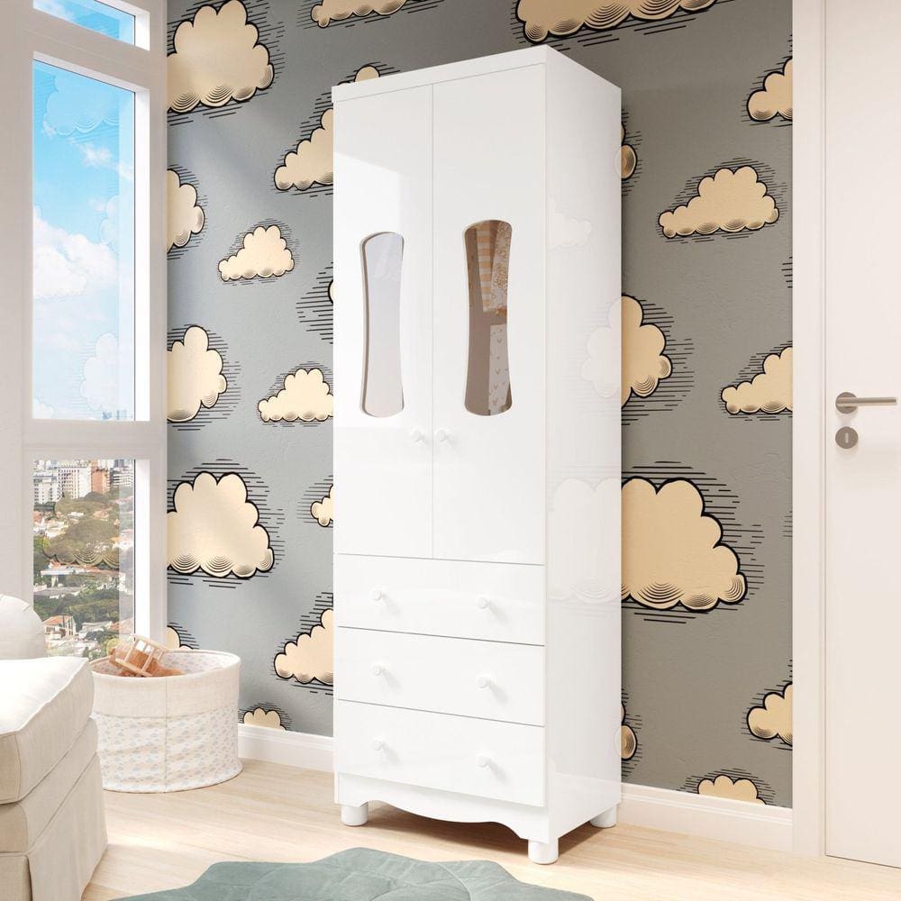 Guarda-roupa de Bebê 2 Portas com Janela 3 Gavetas 100% Mdf Lana Espresso Móveis Branco Brilho