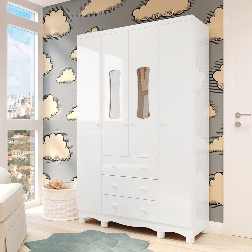 Guarda-roupa de Bebê 2 Portas com Janela 3 Gavetas 100% Mdf Lana Espresso Móveis Branco Brilho