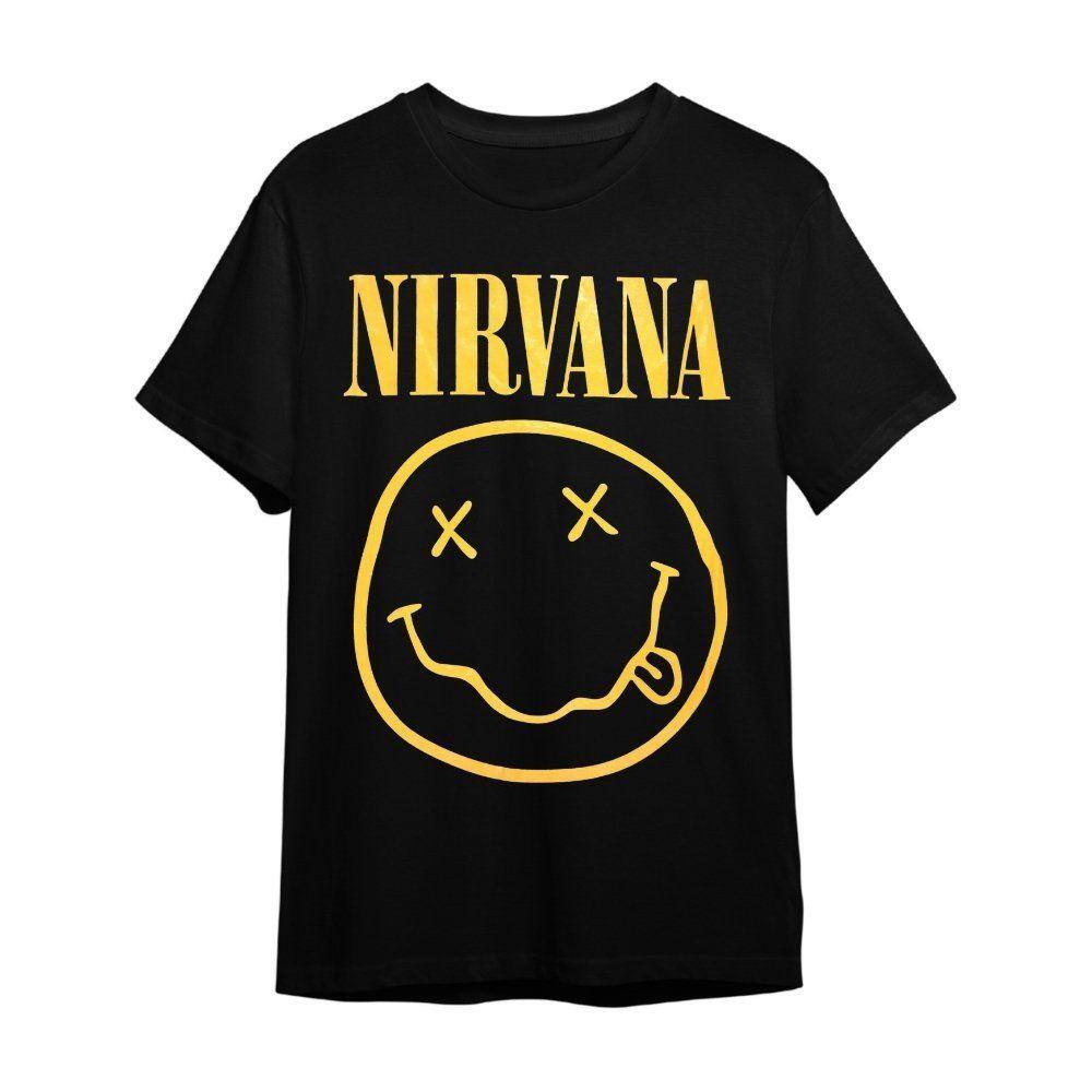 Camiseta Plus Size Nirvana Smile Preta Banda De Rock Unissex