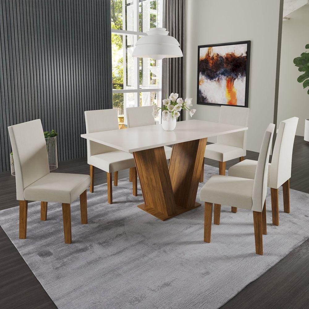 Conjunto Sala de Jantar Mesa Medelin com 6 Cadeiras Venus Viero Pinho/Blonde/Bege