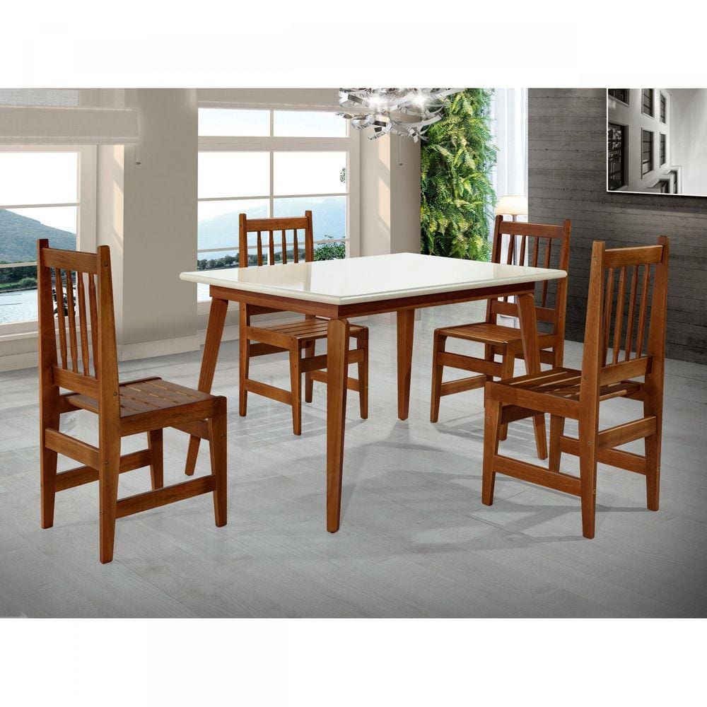 Conjunto Sala de Jantar Mesa e 4 Cadeiras Madeira Maciça Brasil Art Panta Avelã/Off White