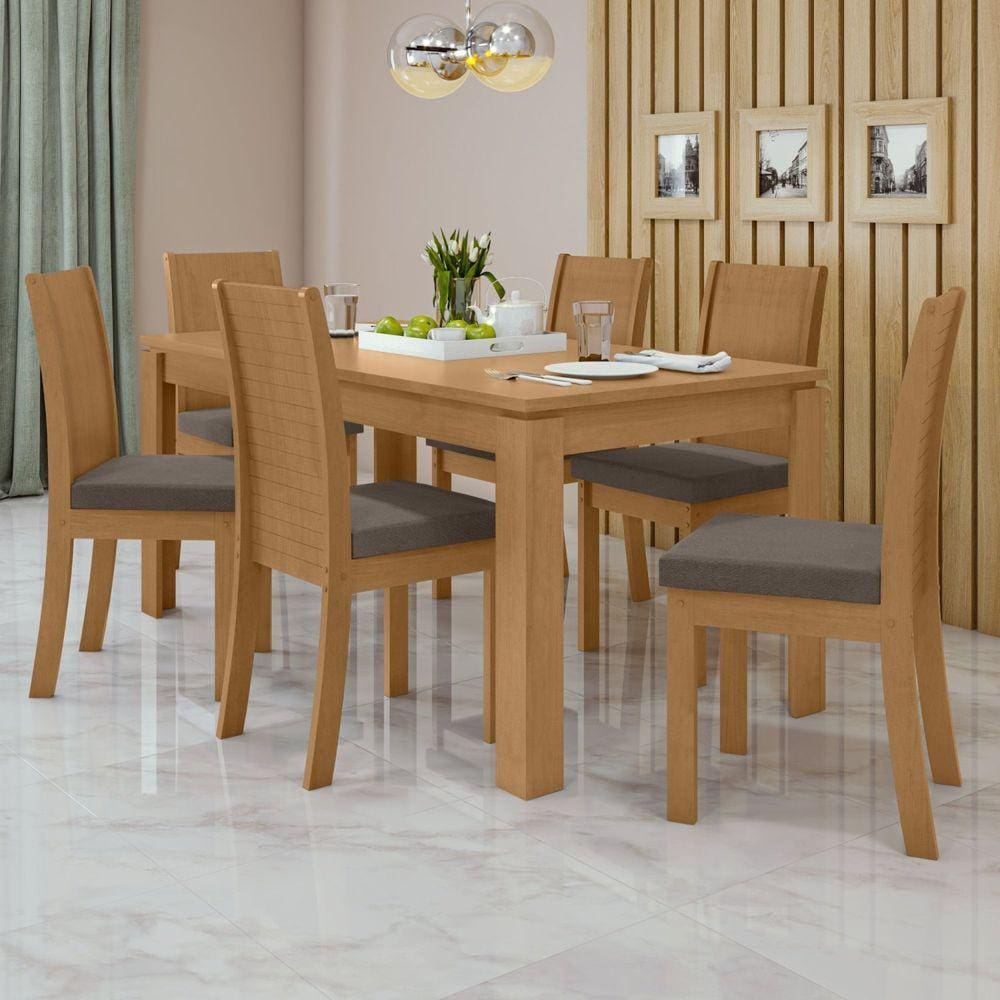 Conjunto Mesa 180x90cm Tampo MDP 6 Cadeiras Athenas Móveis Lopas Amêndoa Clean/Suede Animale Bege