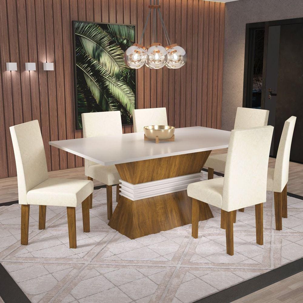 Conjunto Sala de Jantar Salton 1 Mesa 160cm com 6 Cadeiras Vênus Viero Móveis Pinho/Off White/Blonde/Bege
