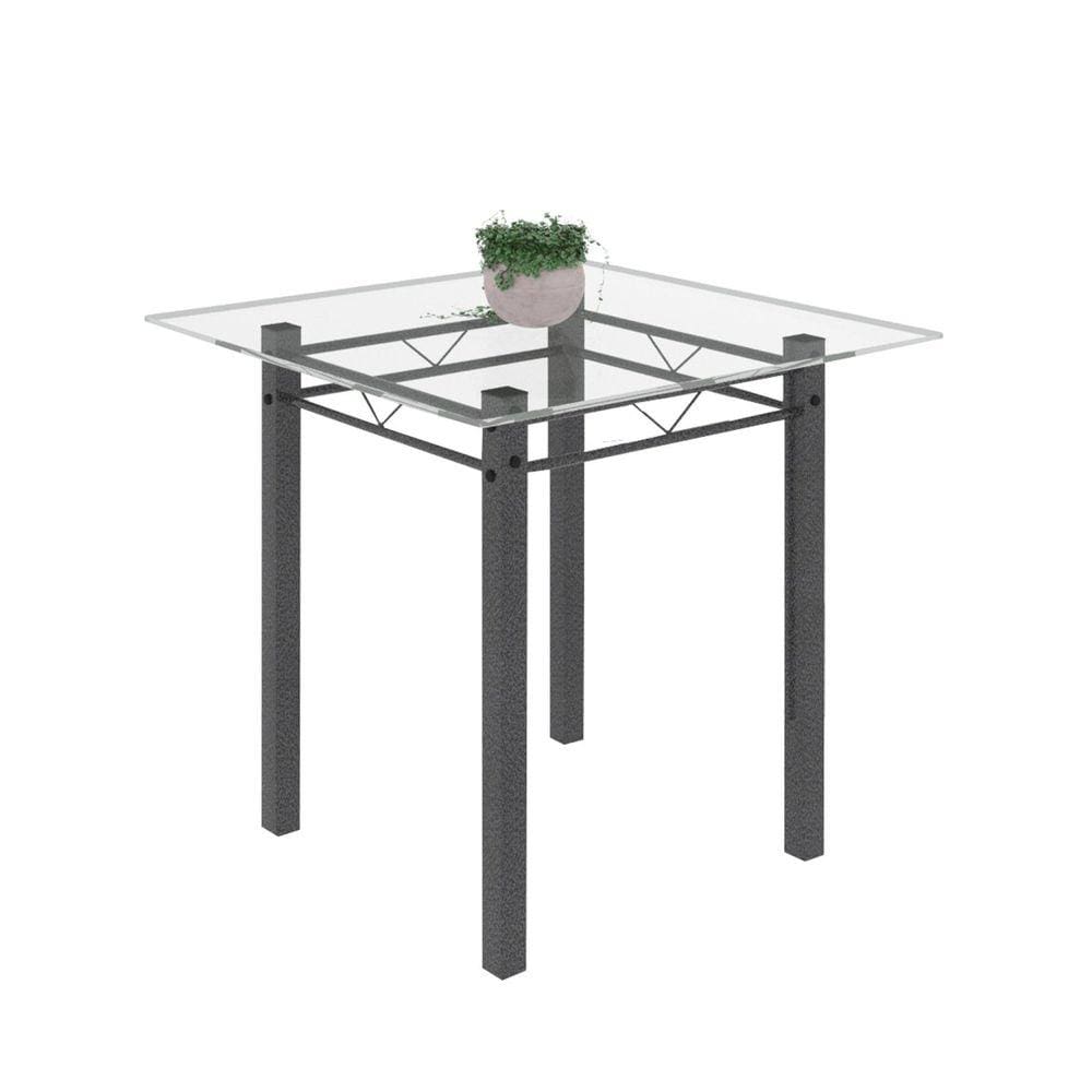 Mesa Tubular 75x75cm Tampo de Vidro 4 Lugares Júlia Soma Móveis Martelado Prata/Tampo Vidro