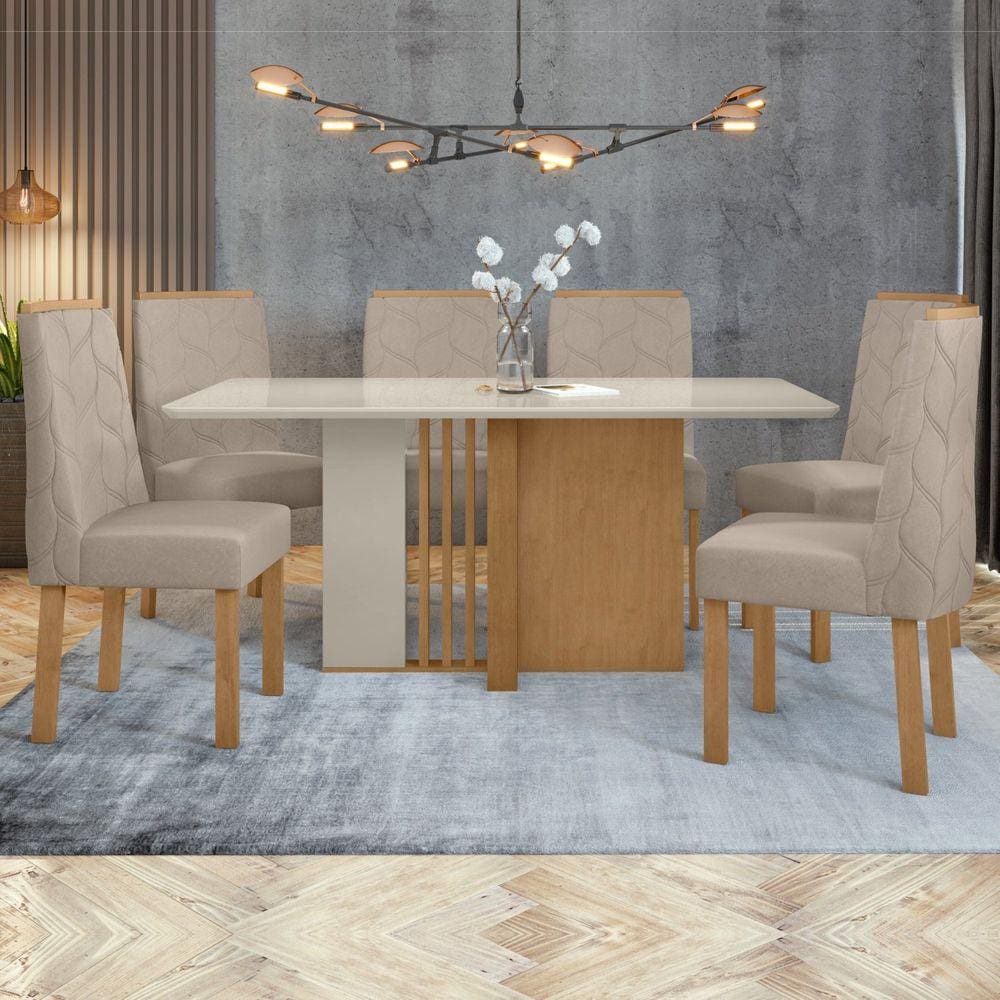 Conjunto Sala de Jantar Mesa 160x90cm Tampo MDF/Vidro com 6 Cadeiras Astrid Móveis Lopas Amêndoa Clean/Off White/Bege