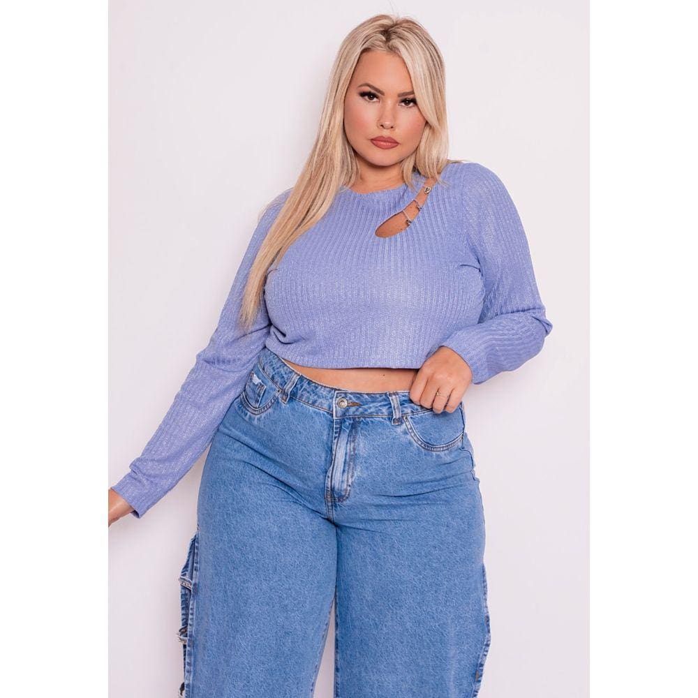 Cropped Manga Longa Plus Size Strass