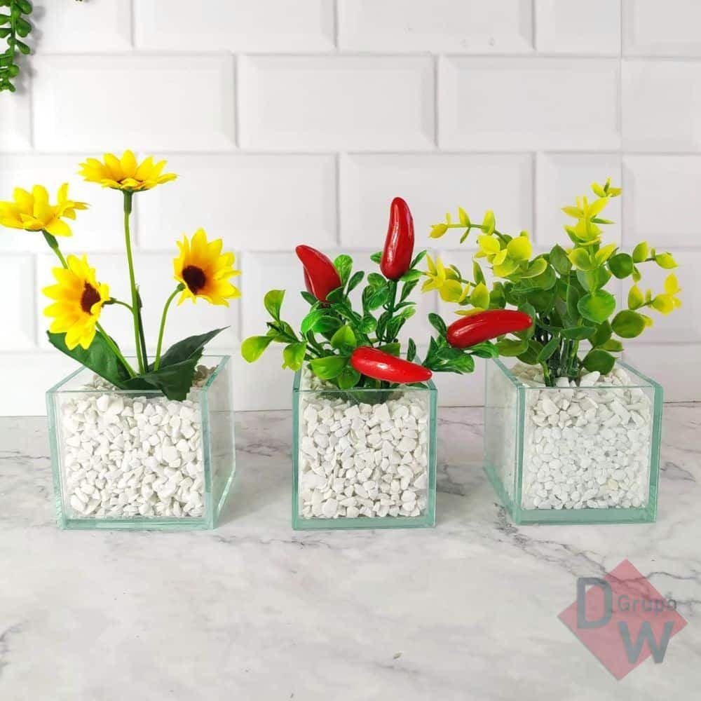 Kit 3 Arranjos de Flores em Vaso de Vidro