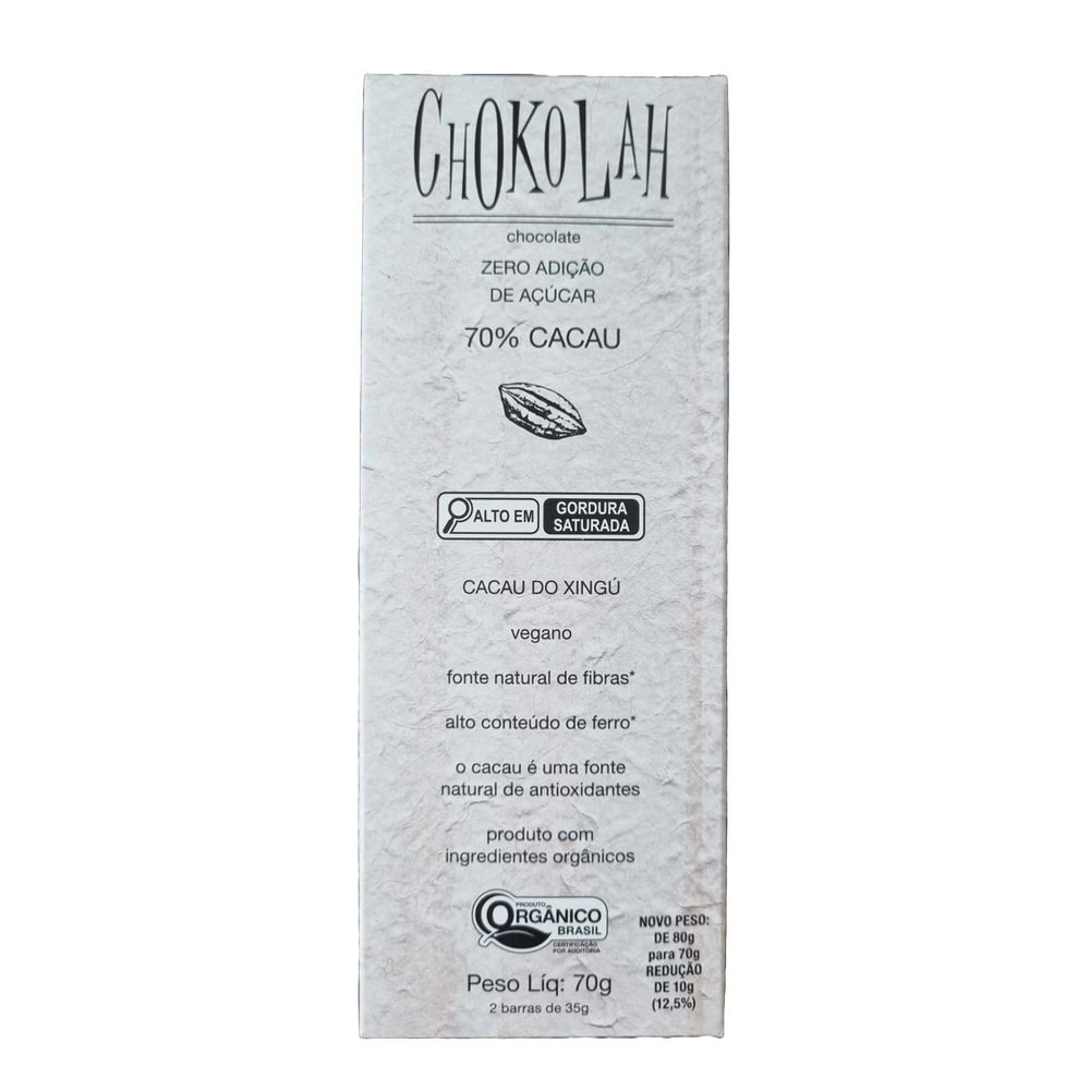 Chocolate 70% Cacau Zero Açúcar Orgânico CHoKolaH 70g