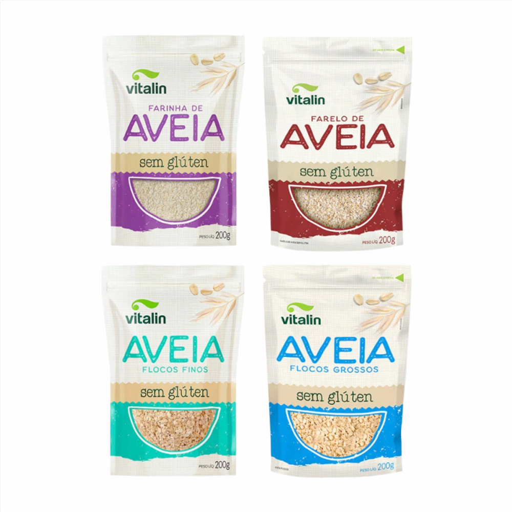 Kit 4 Aveia Sem Glúten Vitalin: Farelo, Farinha, Flocos Finos, Flocos Grossos