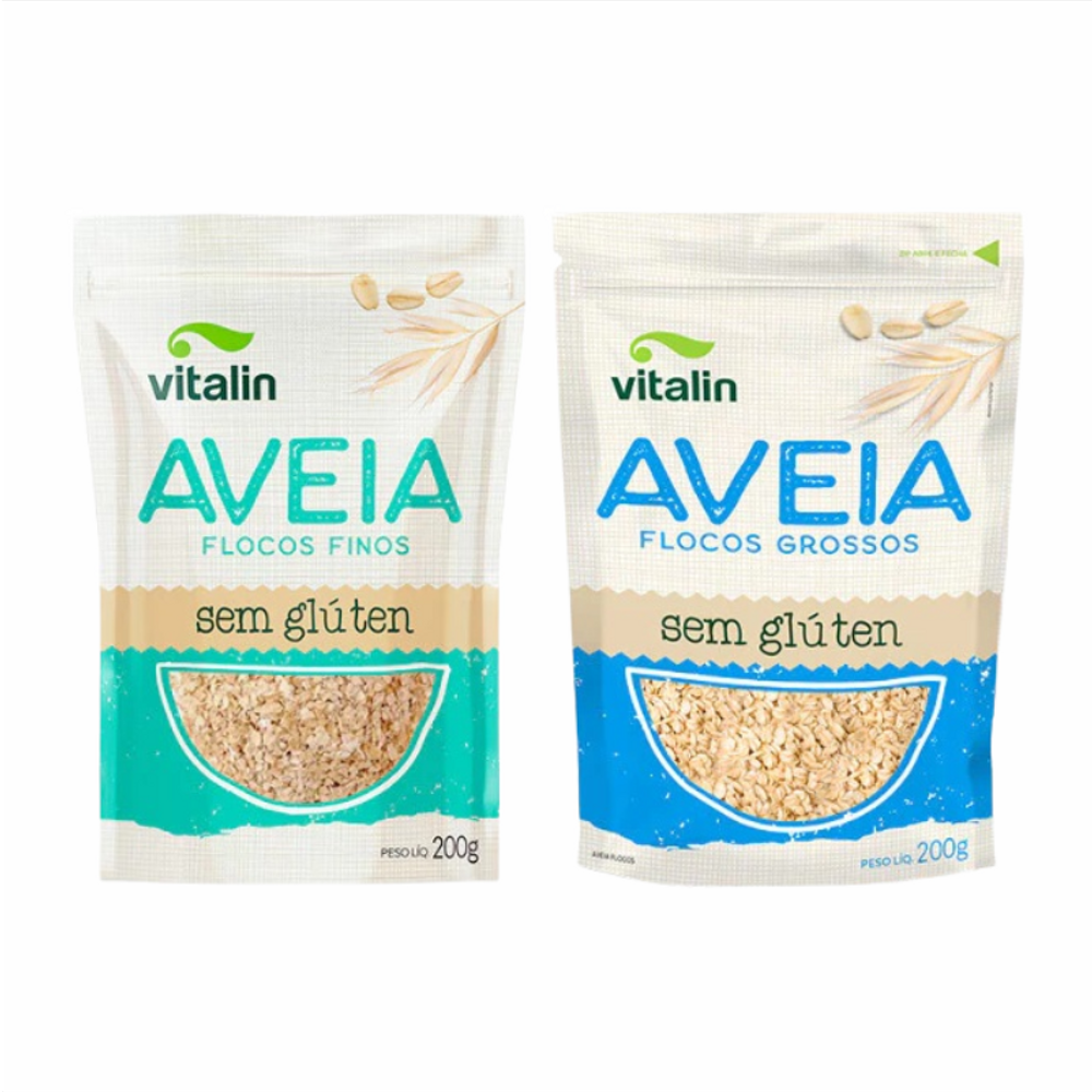 Kit 2 Aveia Sem Glúten Vitalin: Flocos Finos, Flocos Grossos