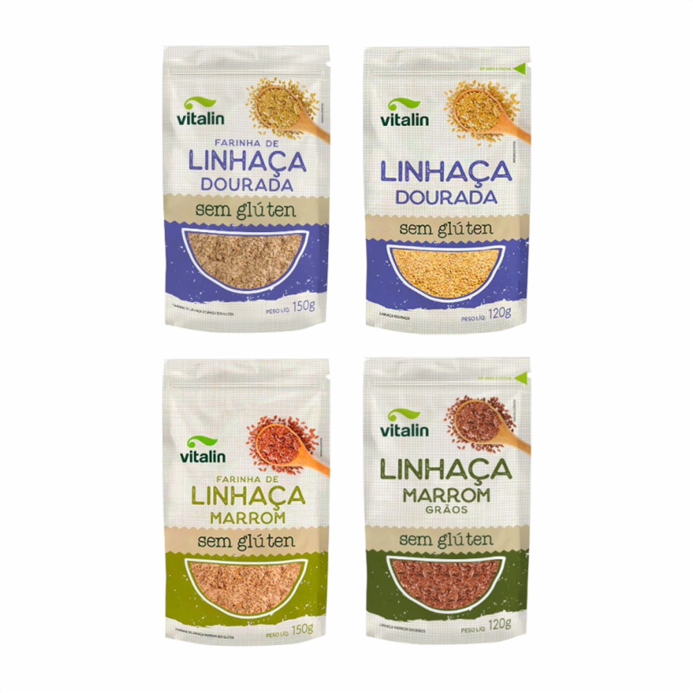 Kit 4 Linhaça Vitalin: Linhaça Dourada, Farinha de Linhaça Dourada, Linhaça Marrom, Farinha de Linhaça Marrom