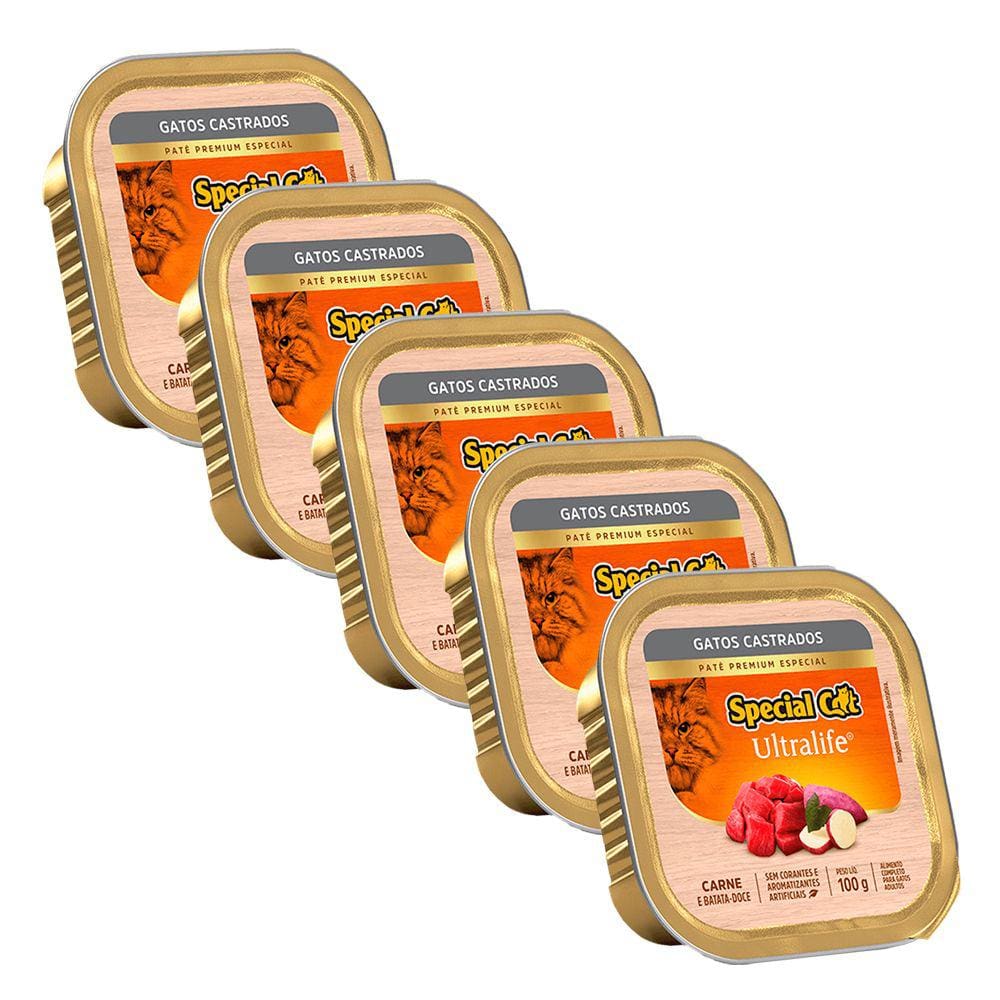 5 Ração Special Cat Patê Gatos Castrados Carne 100g