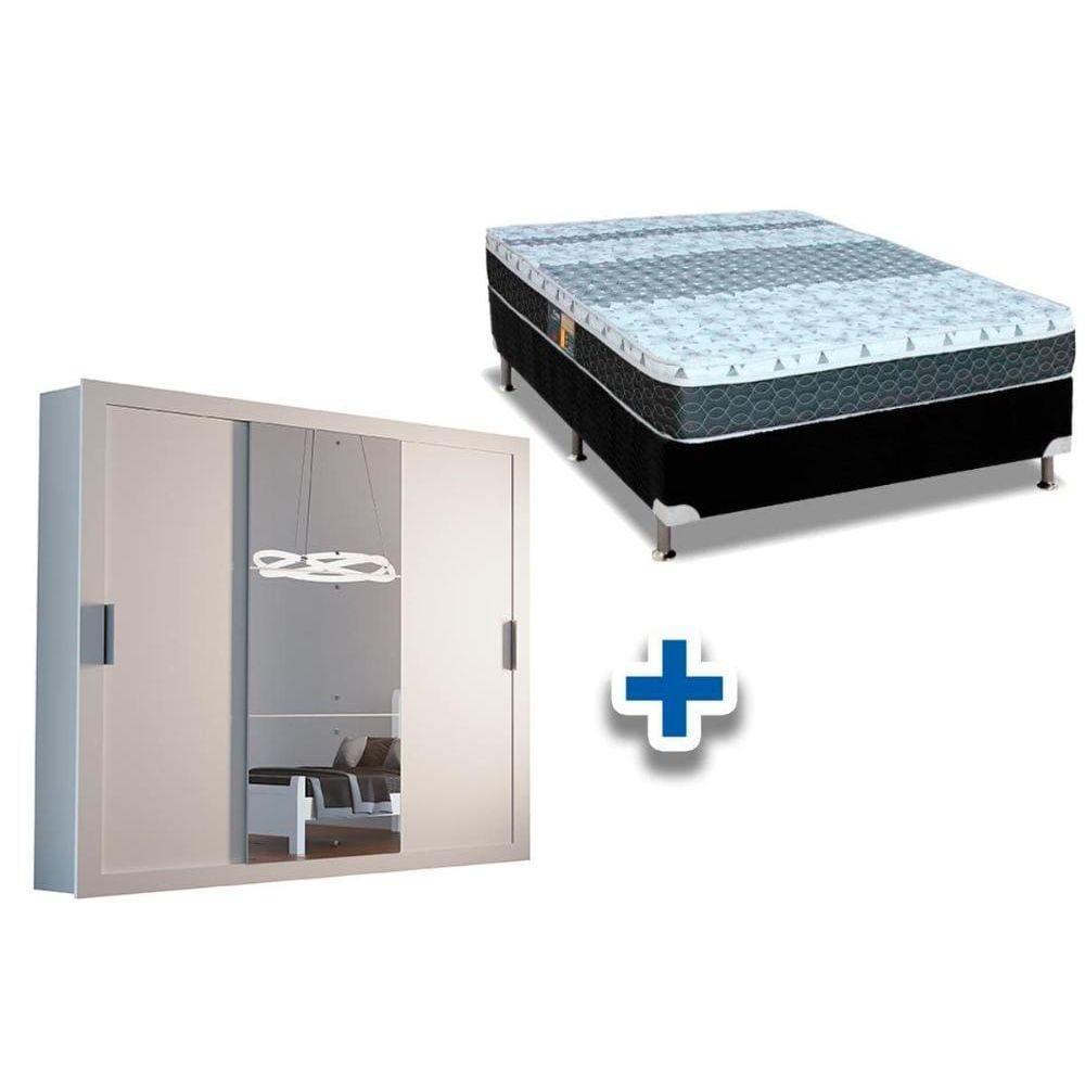 Cama Box Casal + Colchão Class Castor + Guarda Roupa Veneza Luxo Branco