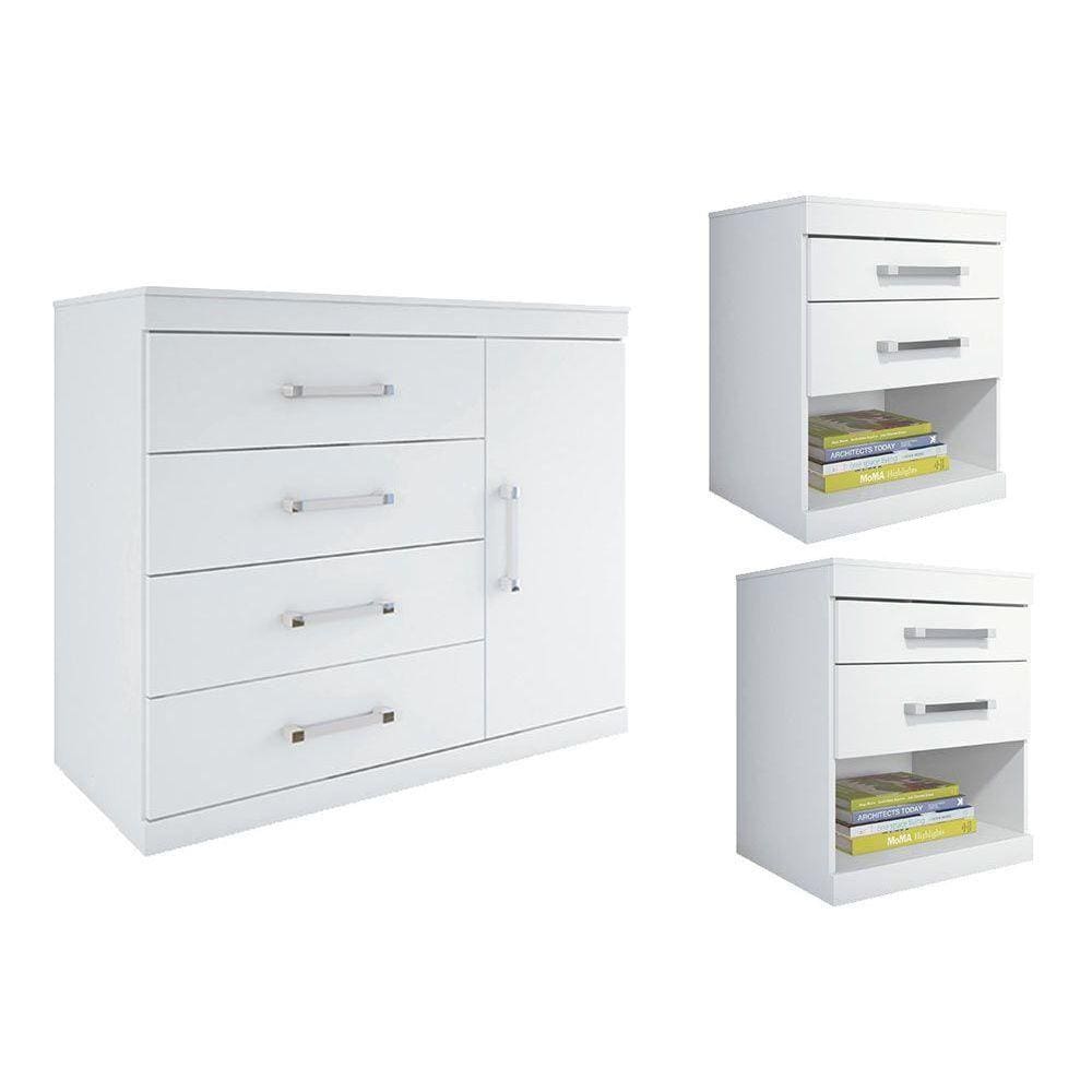 Cômoda Casal 3 Peças (1 Cômoda + 2 Mesas de Cabeceira) QS82 Branco - Santos Andirá