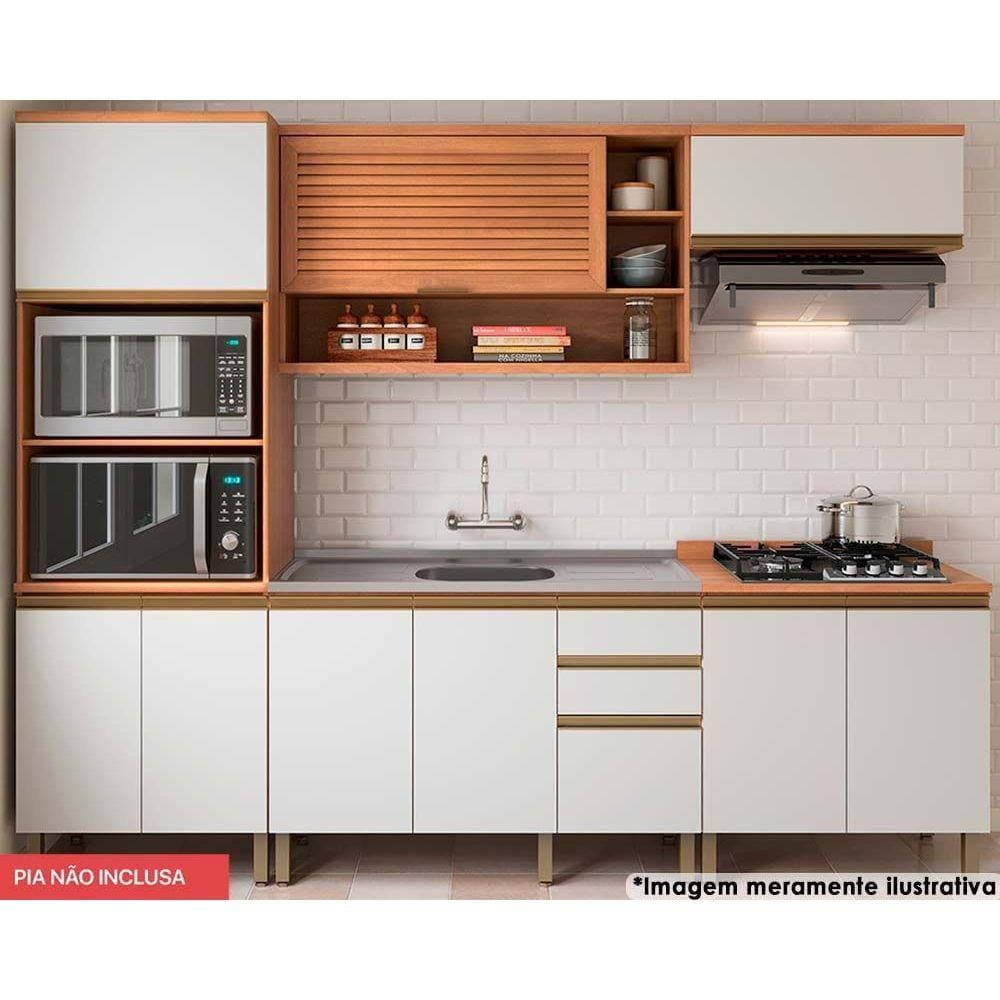 Kit de Cozinha Completa 5 Peças Thela Macadâmia (2Aéreos+2Balcões+1Paneleiro) CZC25 Freijo/Branco - Telasul