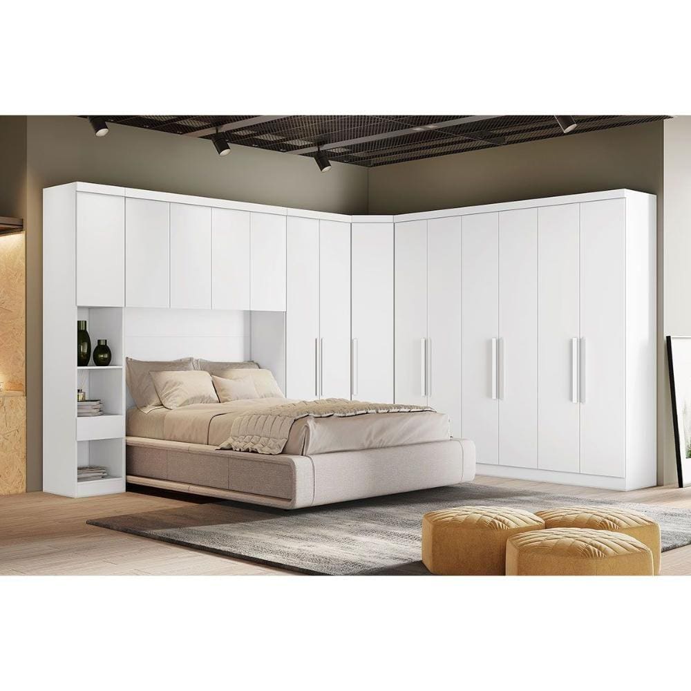 Quarto Modulado Rizon 5 Peças (1 Armário Ponte + 1 Closet + 2 Guarda Roupas + 1 Complemento) QC204 Branco