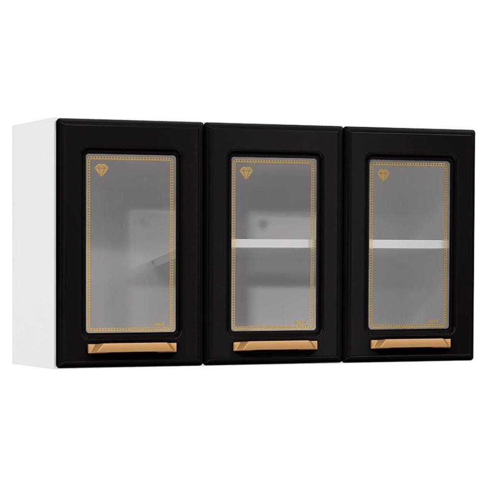 Armário Aéreo Cozinha Modulado Diamante 3 Portas c/ Vidro 105cm Branco/Preto - Telasul