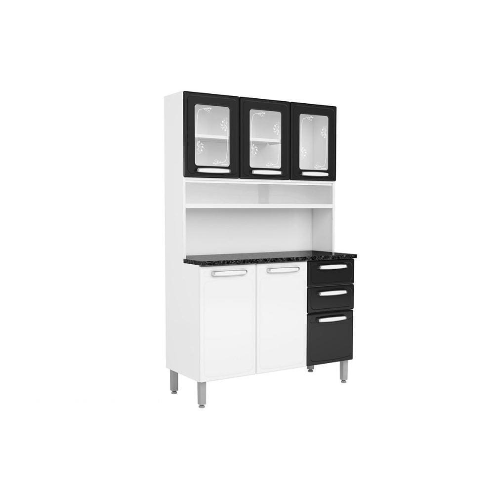 Cozinha Compacta Evidence c/ 6 Portas ( 3 c/ Vidro) e 2 Gavetas Branco/Preto - Bertolini