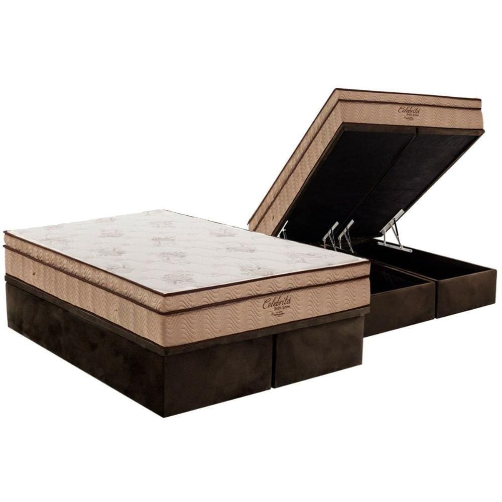Cama Box Baú King: Colchão Molas Ortobom SuperPocket Celebrita + Base CRC Suede Brown(186x198)