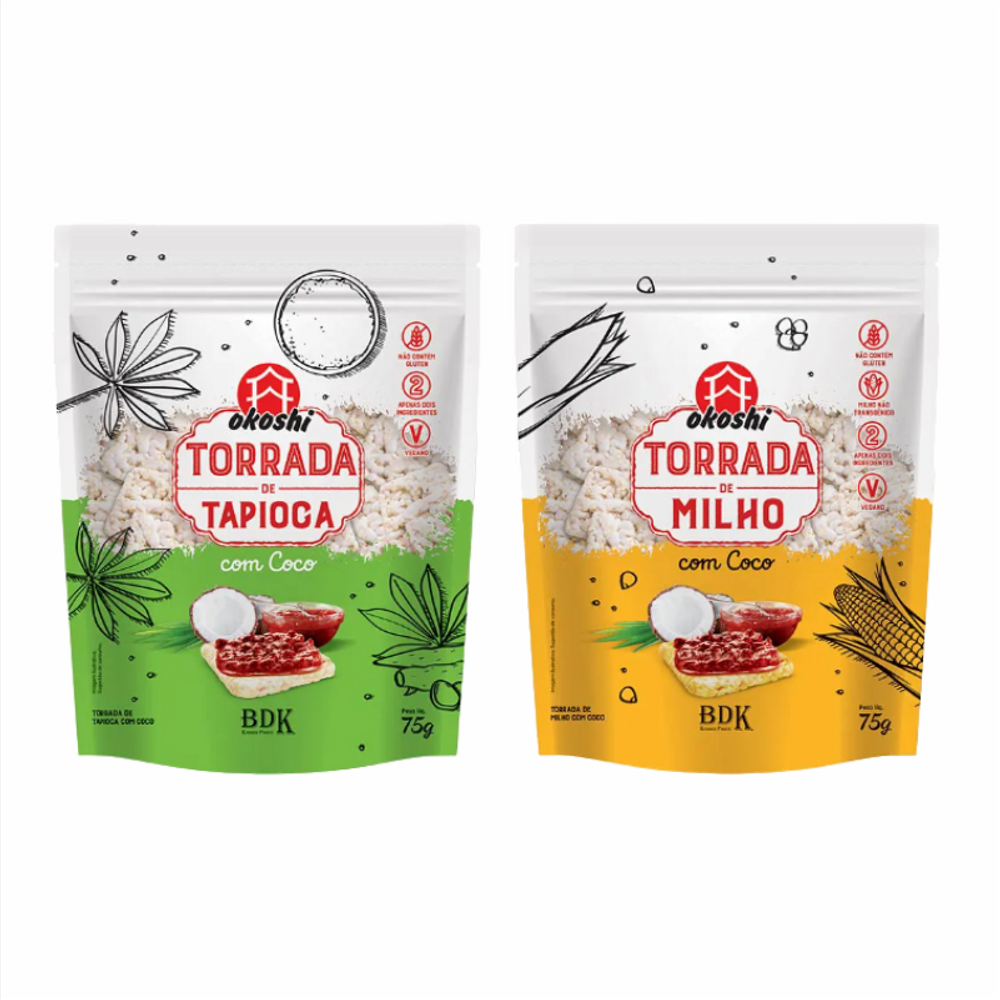 Kit 2 Torradas Okoshi: Milho e Tapioca com Coco