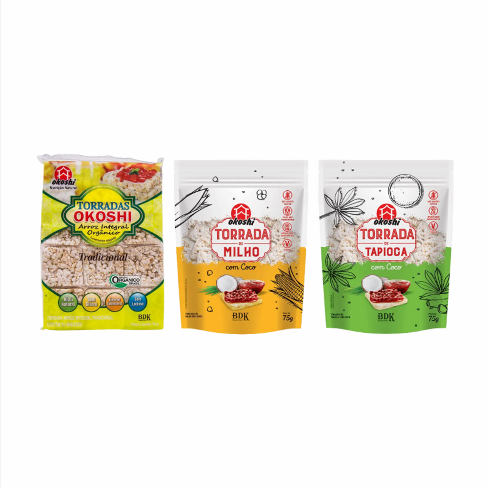 Kit 3 Torradas Okoshi: Arroz, Milho e Tapioca com Coco