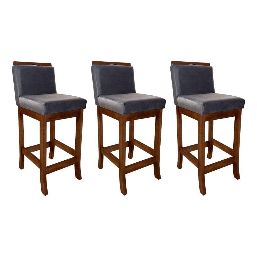 Kit 3 Banquetas Média para Cozinha Turim Madeira Castanho Suede CCS