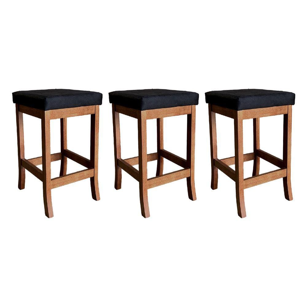 Kit 3 Banquetas Média Estofada para Cozinha Barcelona Madeira Castanho Suede CCS