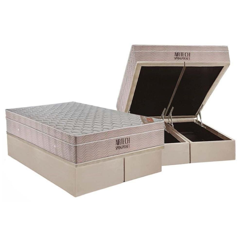 Cama Box Baú Queen: Colchão Molas Ensacadas Ortobom SuperPocket Fort Airtech Spring + Base CRC Suede Clean(158x198)